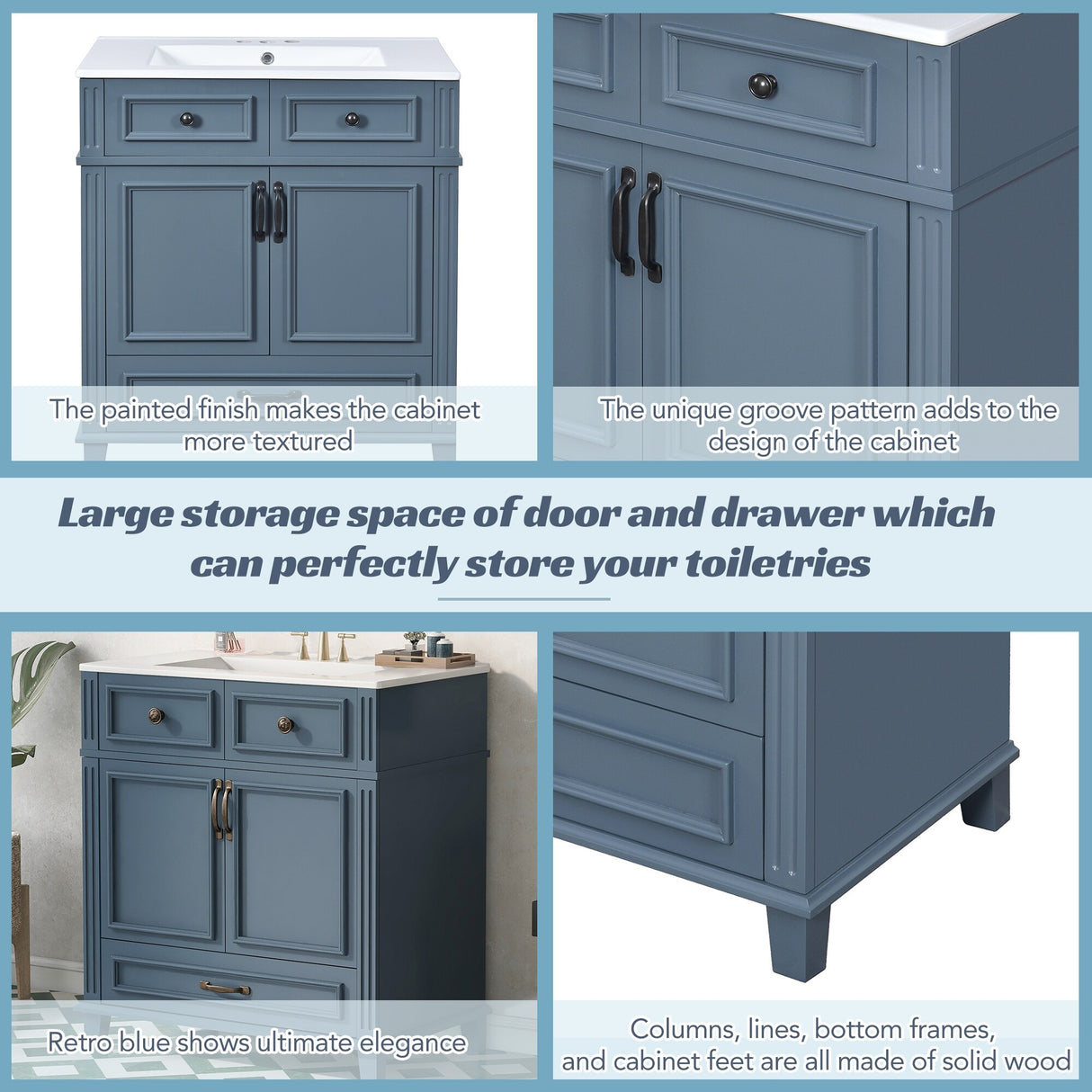 30 Inch Freestanding Bathroom Vanity with Sink, Soft Close Doors, Single Drawer, Solid Wood Frame