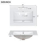 30-Inch bathroom vanity cabinet with ceramic basin, 3 drawers and adjustable shelves