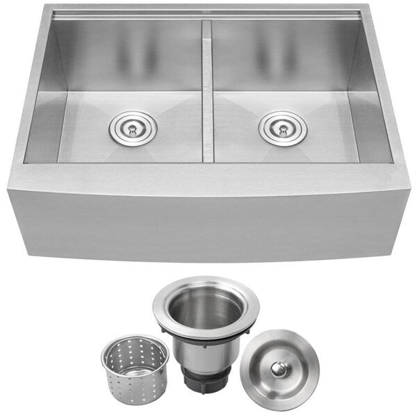 30" Ticor S5302 Bryce Series Graduated Basin Ledge 16-Gauge Stainless Steel Double Basin Zero Radius Curved Apron Sink