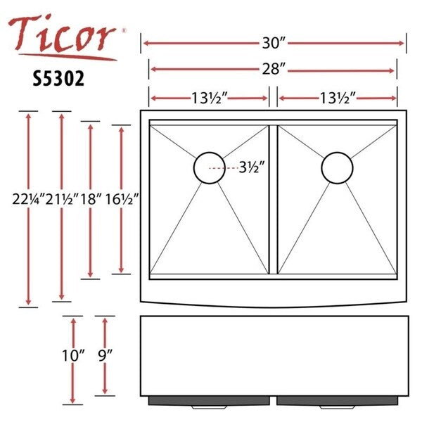 30" Ticor S5302 Bryce Series Graduated Basin Ledge 16-Gauge Stainless Steel Double Basin Zero Radius Curved Apron Sink