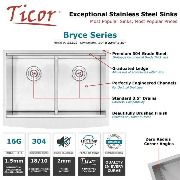 30" Ticor S5302 Bryce Series Graduated Basin Ledge 16-Gauge Stainless Steel Double Basin Zero Radius Curved Apron Sink
