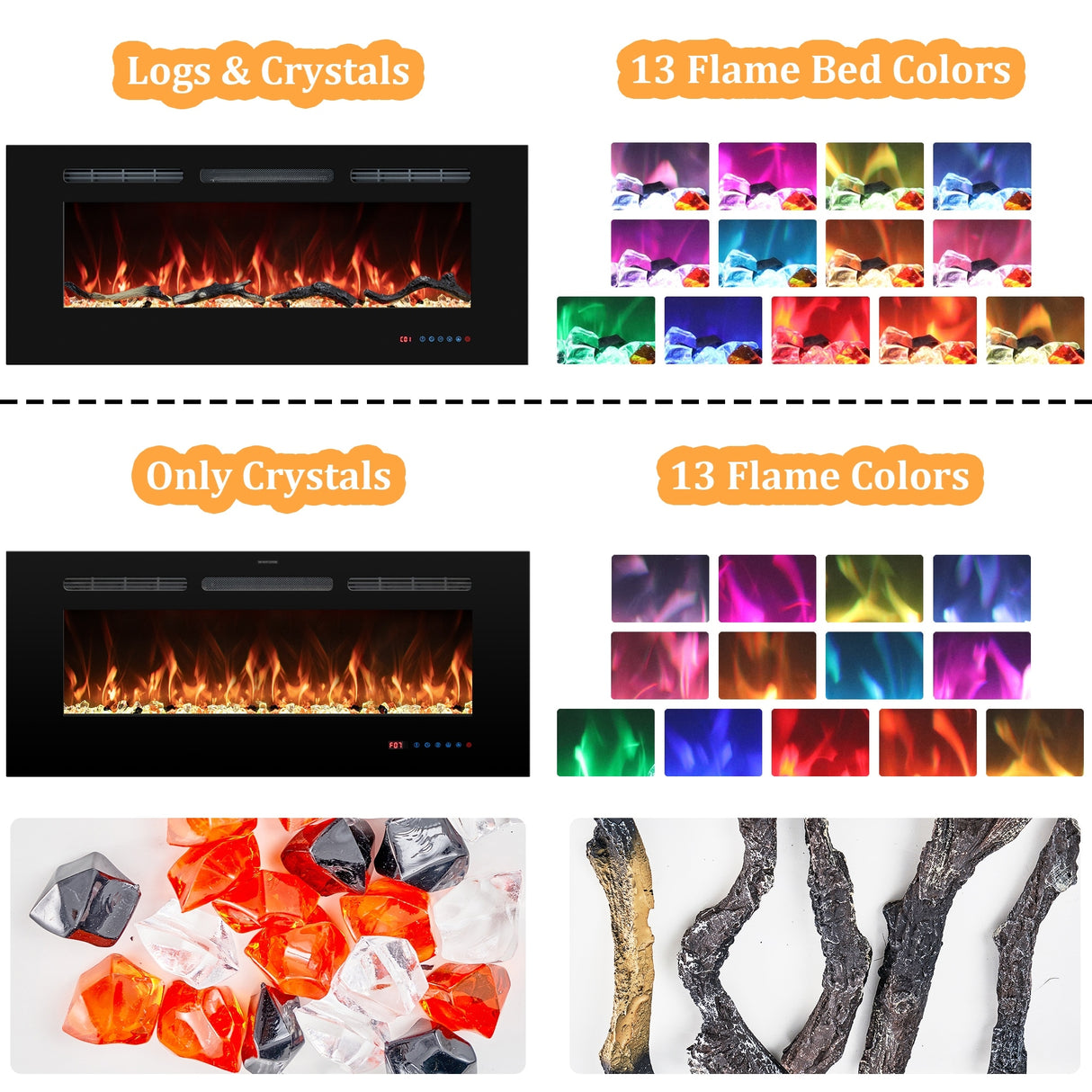 48 in. Electric Fireplace Inserts, Wall Mounted with 13 Flame Colors, Thermostat in White