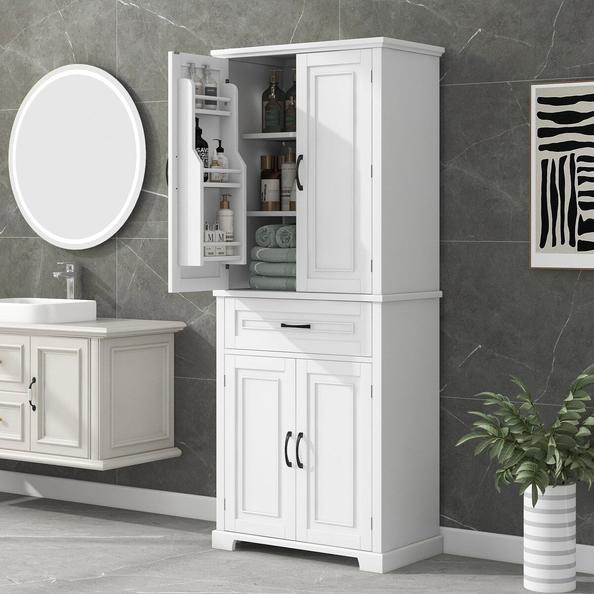 30 in. W x 72 in. H Freestanding Bathroom Cabinet in White with Adjustable Shelf and Drawer