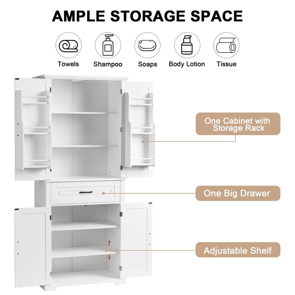 30 in. W x 72 in. H Freestanding Bathroom Cabinet in White with Adjustable Shelf and Drawer