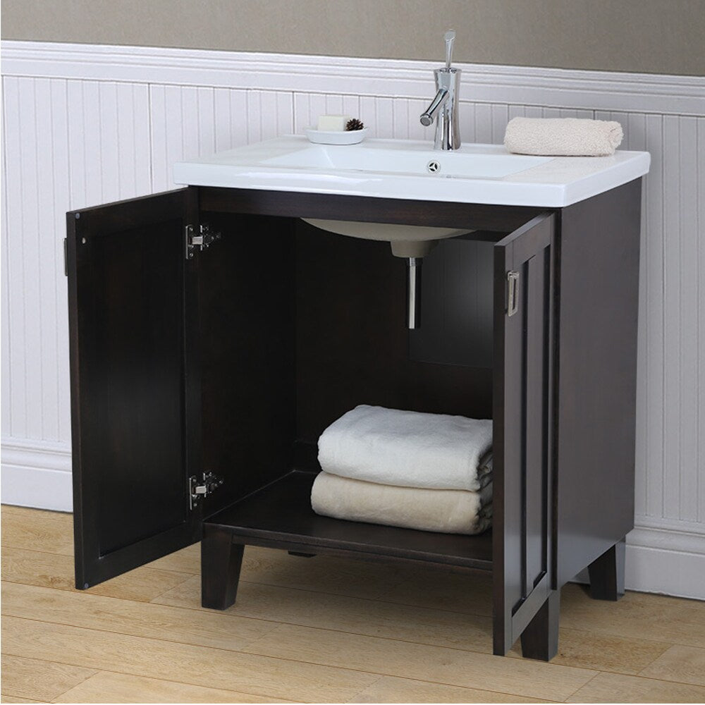 Single Sink Bathroom Vanity in Dark Brown Finish 30-inch Extra thick Ceramic Sink-top