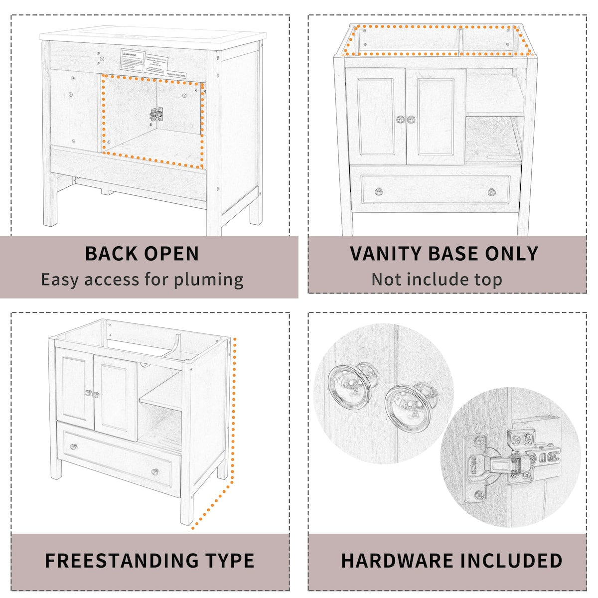 30" Bathroom Vanity Base Only, Solid Wood Frame, Bathroom Storage Cabinet with Doors and Drawers