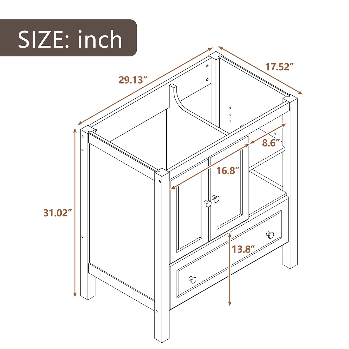 30" Bathroom Vanity Base Only, Solid Wood Frame, Bathroom Storage Cabinet with Doors and Drawers