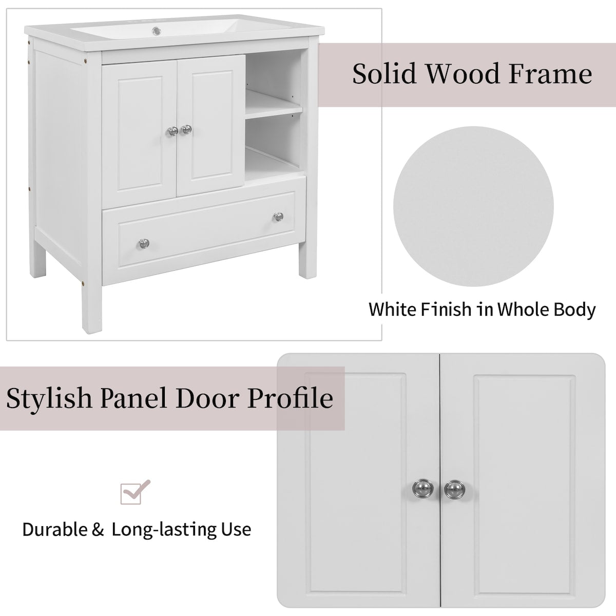 30" Bathroom Vanity Base Only, Solid Wood Frame, Bathroom Storage Cabinet with Doors and Drawers