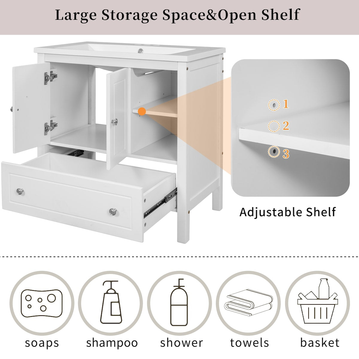 30" Bathroom Vanity Base Only, Solid Wood Frame, Bathroom Storage Cabinet with Doors and Drawers