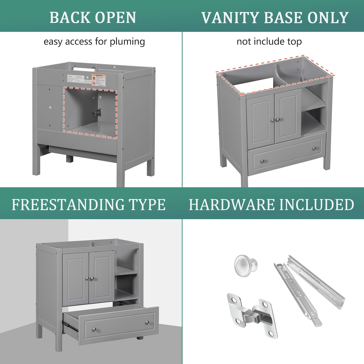 30" Bathroom Vanity Base Only, Solid Wood Frame, Bathroom Storage Cabinet with Doors and Drawers