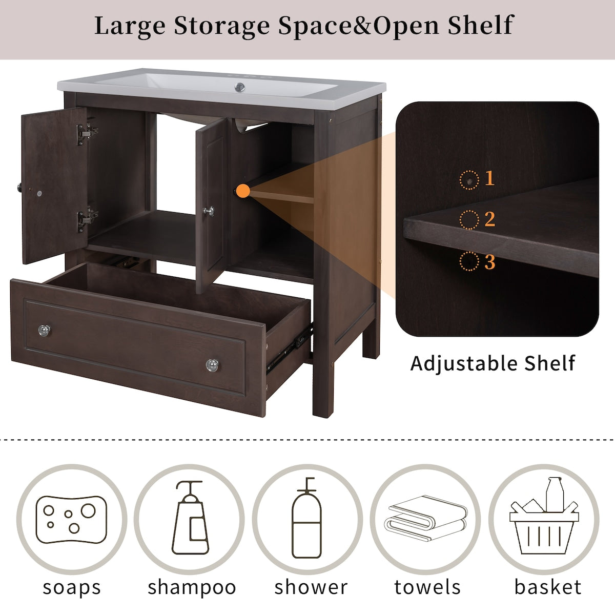 30" Bathroom Vanity Base Only, Solid Wood Frame, Bathroom Storage Cabinet with Doors and Drawers
