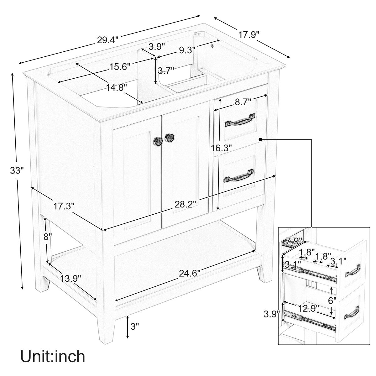 30" Bathroom Vanity Base with Multi-Functional Drawer