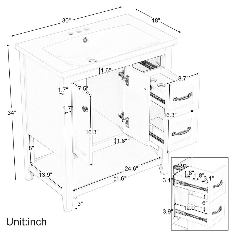 30" Bathroom Vanity Cabinet with Ceramic Sink Top, Multi-Functional Drawer, and Solid Wood Legs
