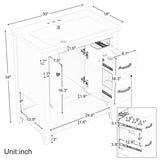 30" Bathroom Vanity Cabinet with Ceramic Sink Top, Multi-Functional Drawer, and Solid Wood Legs