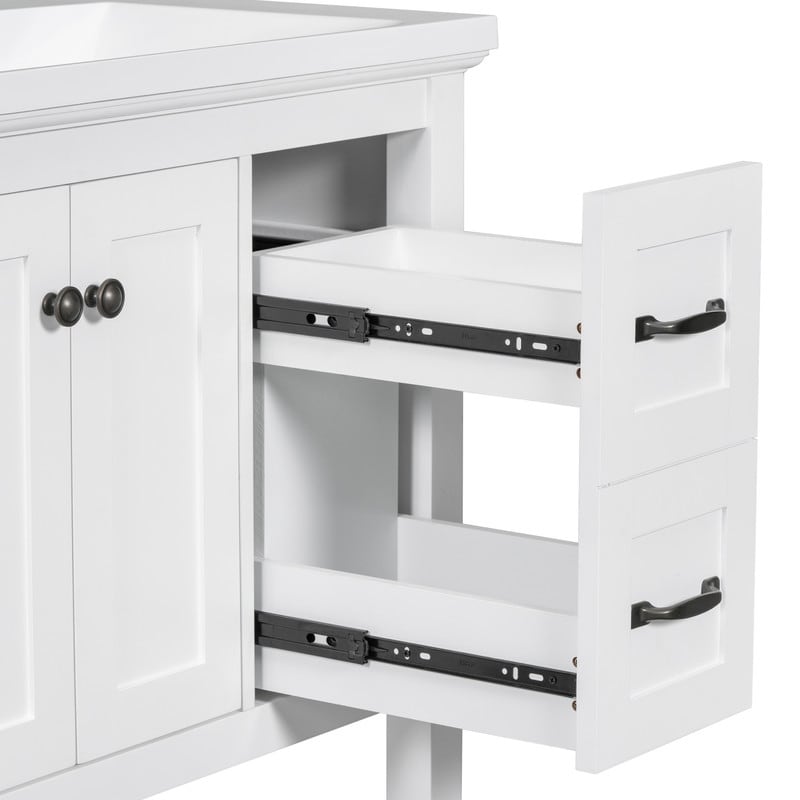 30" Bathroom Vanity Cabinet with Ceramic Sink Top, Multi-Functional Drawer, and Solid Wood Legs