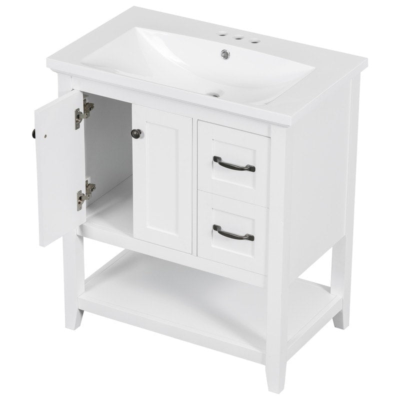 30" Bathroom Vanity Cabinet with Ceramic Sink Top, Multi-Functional Drawer, and Solid Wood Legs