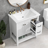 30" Bathroom Vanity Cabinet with Ceramic Sink Top, Multi-Functional Drawer, and Solid Wood Legs