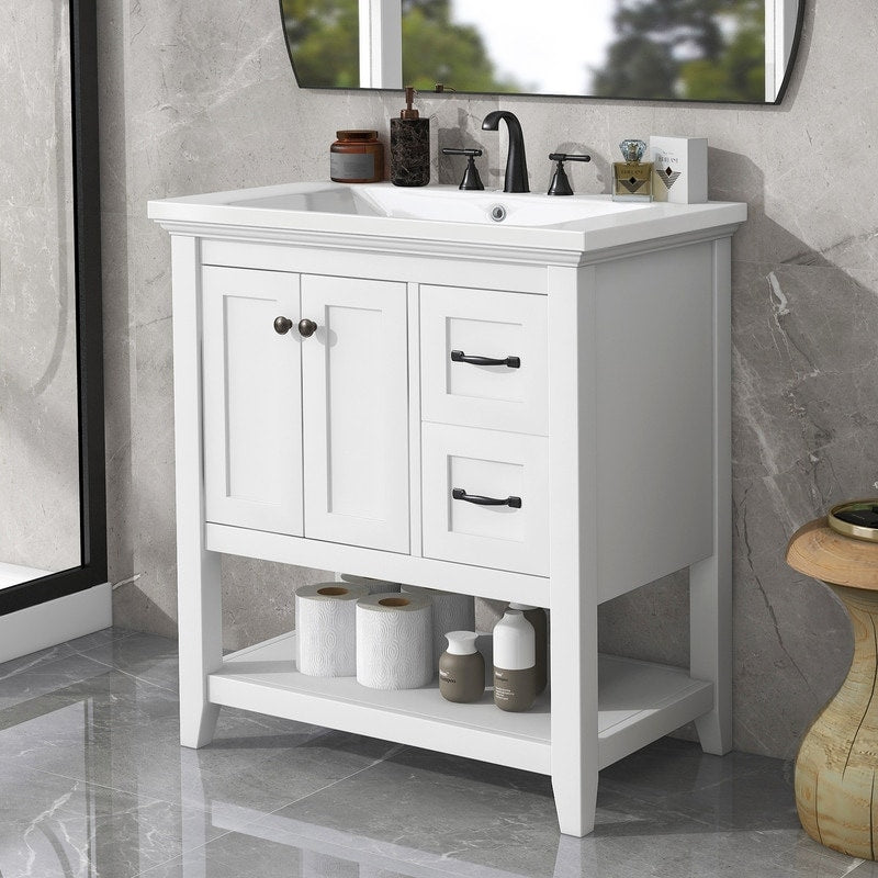 30" Bathroom Vanity Cabinet with Ceramic Sink Top, Multi-Functional Drawer, and Solid Wood Legs