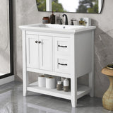 30" Bathroom Vanity Cabinet with Ceramic Sink Top, Multi-Functional Drawer, and Solid Wood Legs