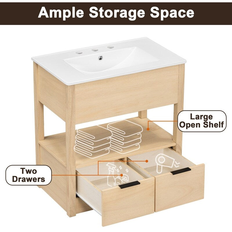 30" Bathroom Vanity Cabinet with Open Storage Shelf and Two Drawers