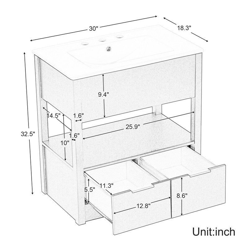 30" Bathroom Vanity Cabinet with Open Storage Shelf and Two Drawers
