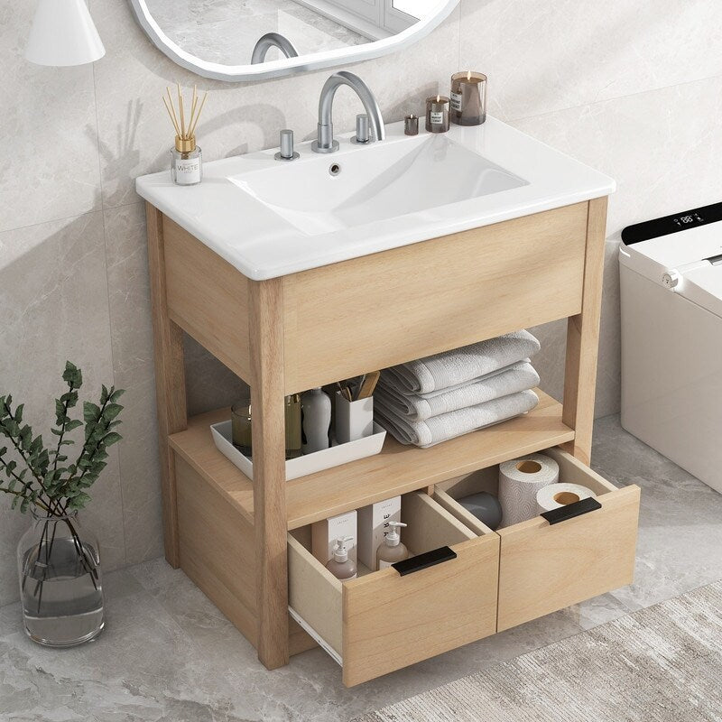 30" Bathroom Vanity Cabinet with Open Storage Shelf and Two Drawers