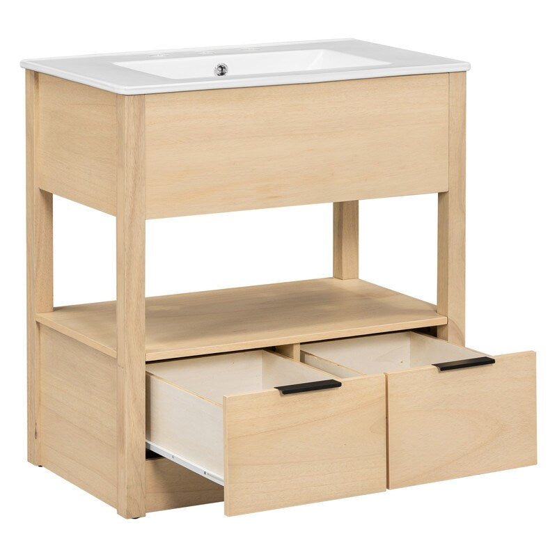 30" Bathroom Vanity Cabinet with Open Storage Shelf and Two Drawers