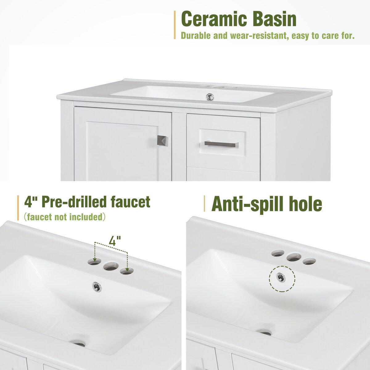 30" Bathroom Vanity Cabinet with Sink Combo Set, Bathroom Storage Cabinet with a Soft Closing Door and 3 Drawers, Solid Wood