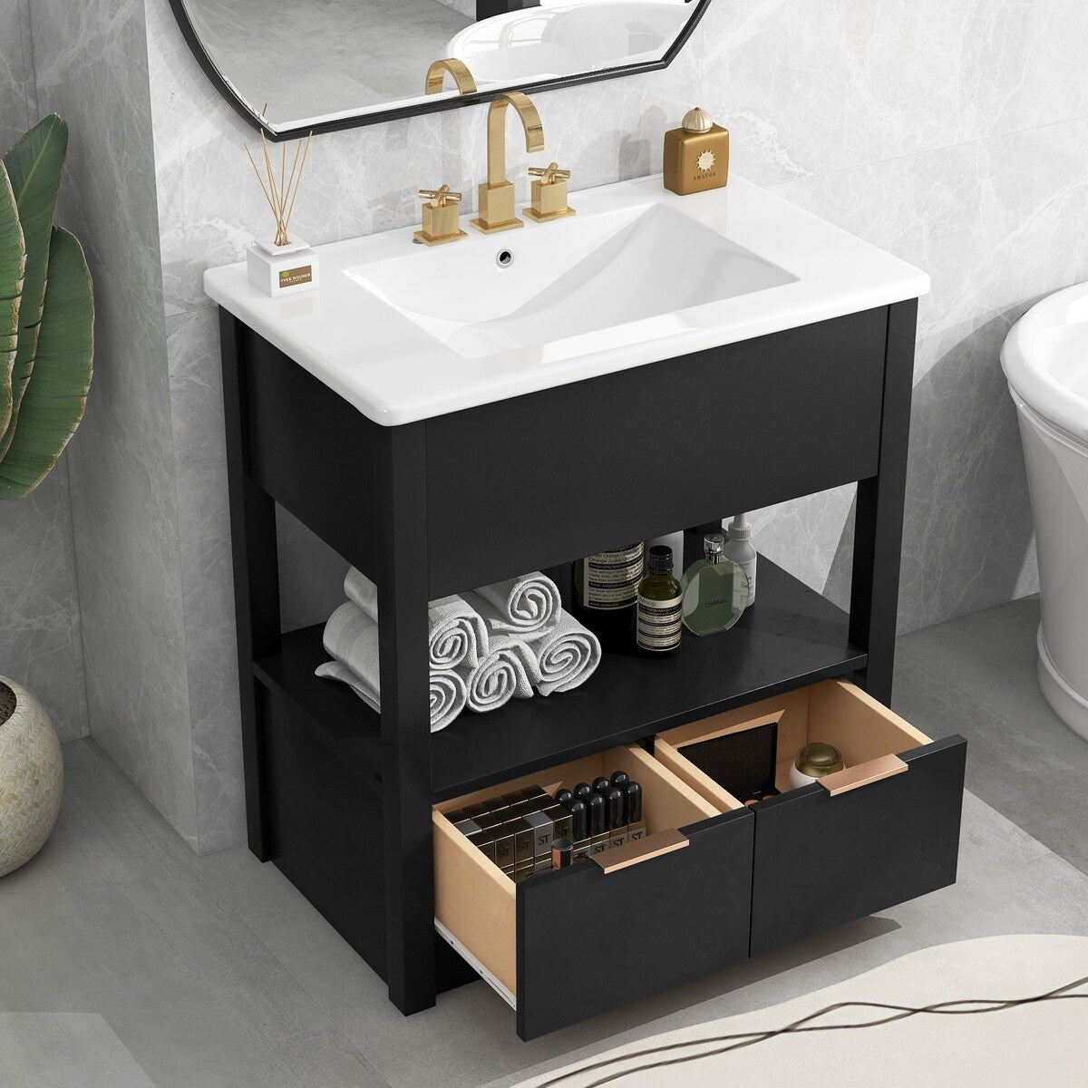 30" Bathroom Vanity with Ceramic Sink Top，Freestanding Storage Bathroom Cabinet with OpenShelf and Drawers