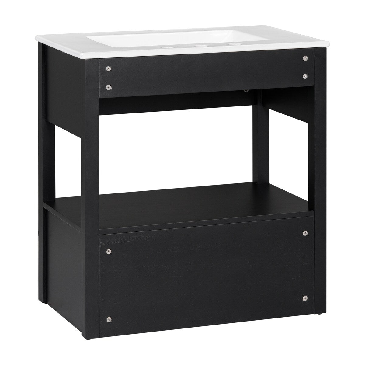 30" Bathroom Vanity with Ceramic Sink Top，Freestanding Storage Bathroom Cabinet with OpenShelf and Drawers