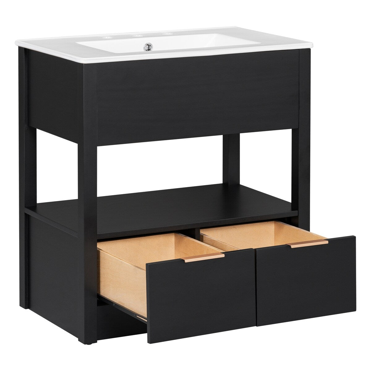 30" Bathroom Vanity with Ceramic Sink Top，Freestanding Storage Bathroom Cabinet with OpenShelf and Drawers