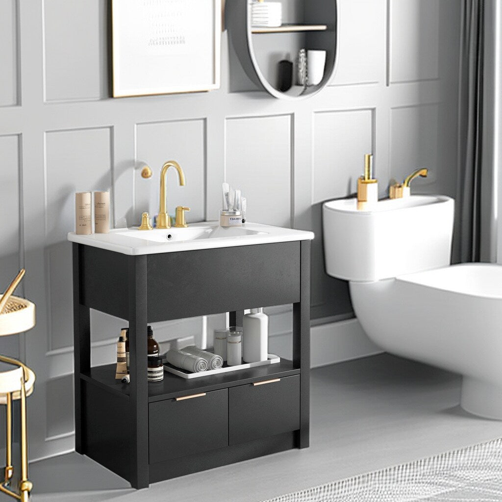 30" Bathroom Vanity with Ceramic Sink Top，Freestanding Storage Bathroom Cabinet with OpenShelf and Drawers