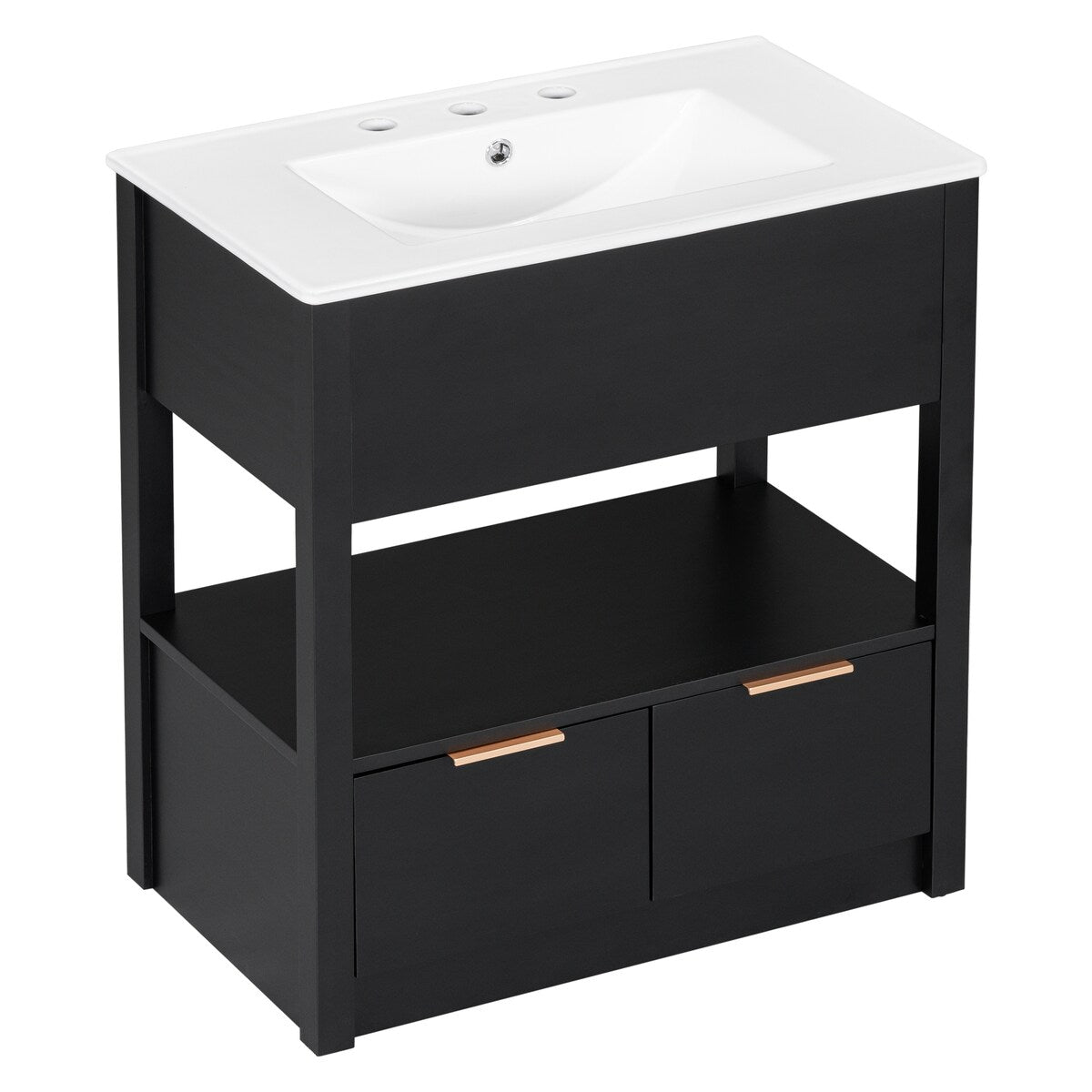 30" Bathroom Vanity with Ceramic Sink Top，Freestanding Storage Bathroom Cabinet with OpenShelf and Drawers