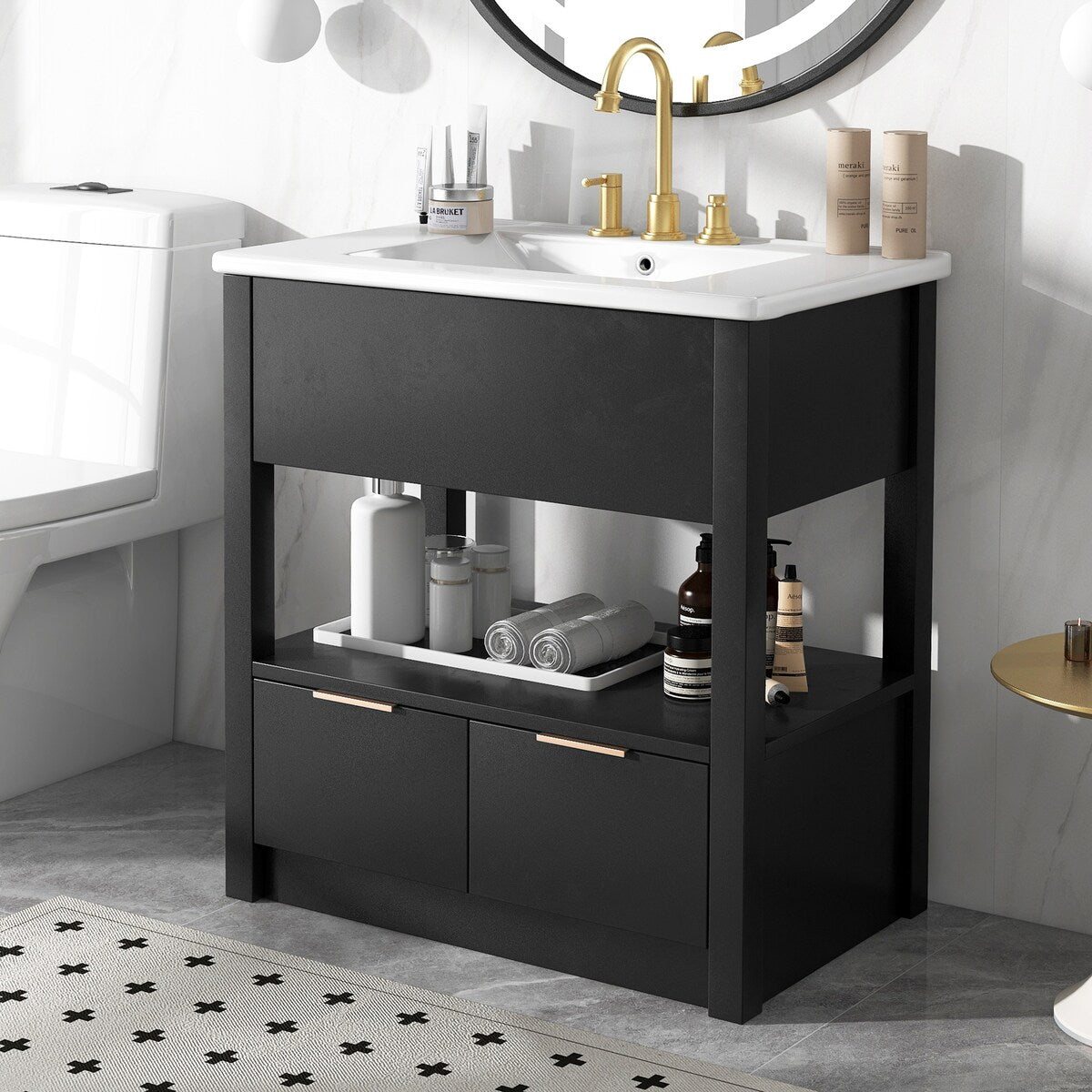 30" Bathroom Vanity with Ceramic Sink Top，Freestanding Storage Bathroom Cabinet with OpenShelf and Drawers