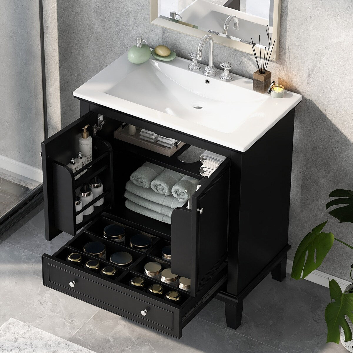 30" Bathroom Vanity with Sink Combo, Multi-functional Bathroom Cabinet with Doors and Drawer