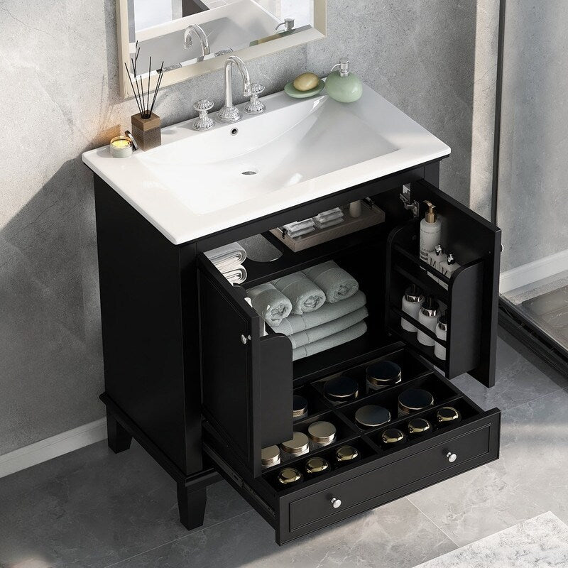 30" Bathroom Vanity with Sink Combo, Multi-functional Bathroom Cabinet - Black
