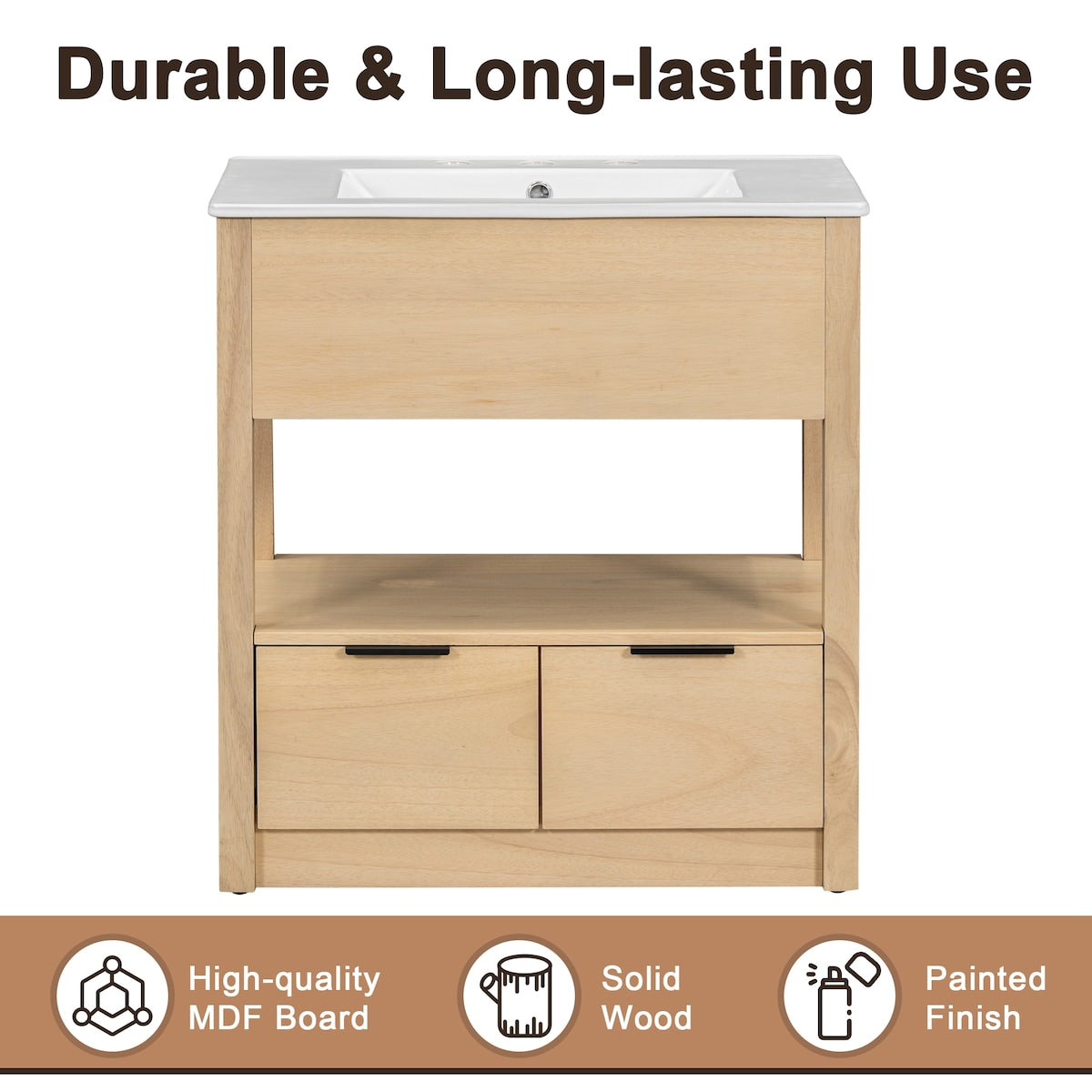 30" Bathroom Vanity with Sink Top, Bathroom Cabinet with Open Storage Shelf and 2 Drawers