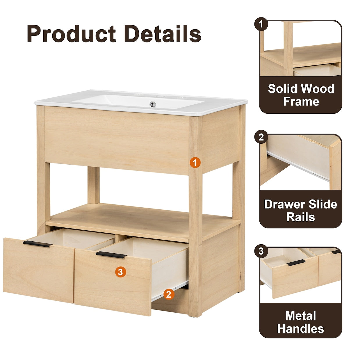 30" Bathroom Vanity with Sink Top, Bathroom Cabinet with Open Storage Shelf and 2 Drawers