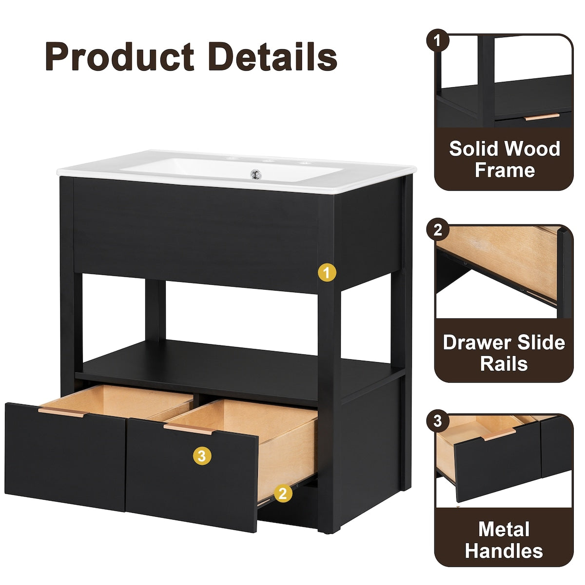 30" Bathroom Vanity with Sink Top, Bathroom Cabinet with Open Storage Shelf and 2 Drawers