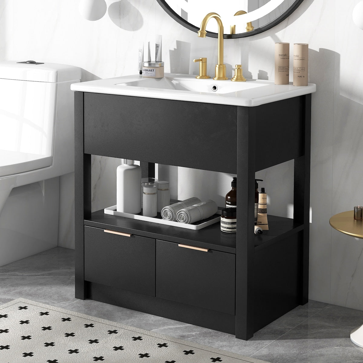 30" Bathroom Vanity with Sink Top, Bathroom Cabinet with Open Storage Shelf and 2 Drawers