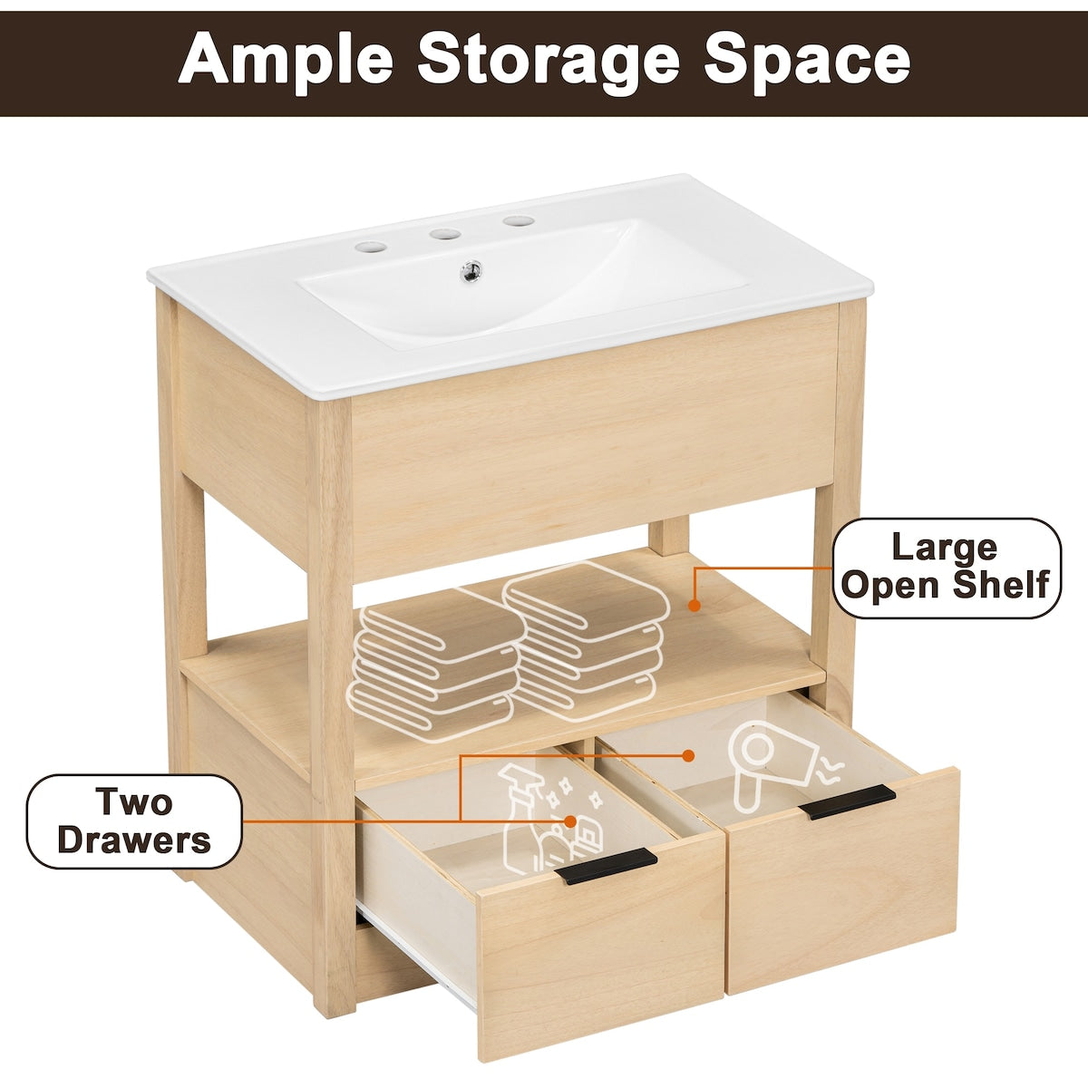 30" Bathroom Vanity with Sink Top, Bathroom Cabinet with Open Storage Shelf and 2 Drawers