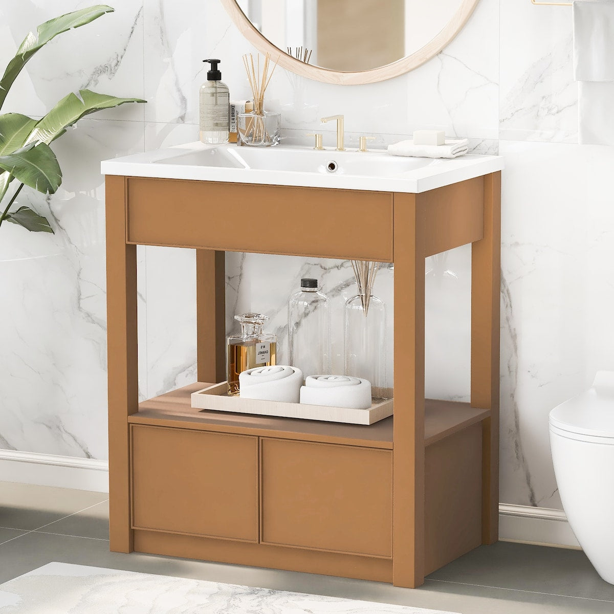 30" Bathroom Vanity with Sink Top, Bathroom Cabinet with Open Storage Shelf and 2 Drawers
