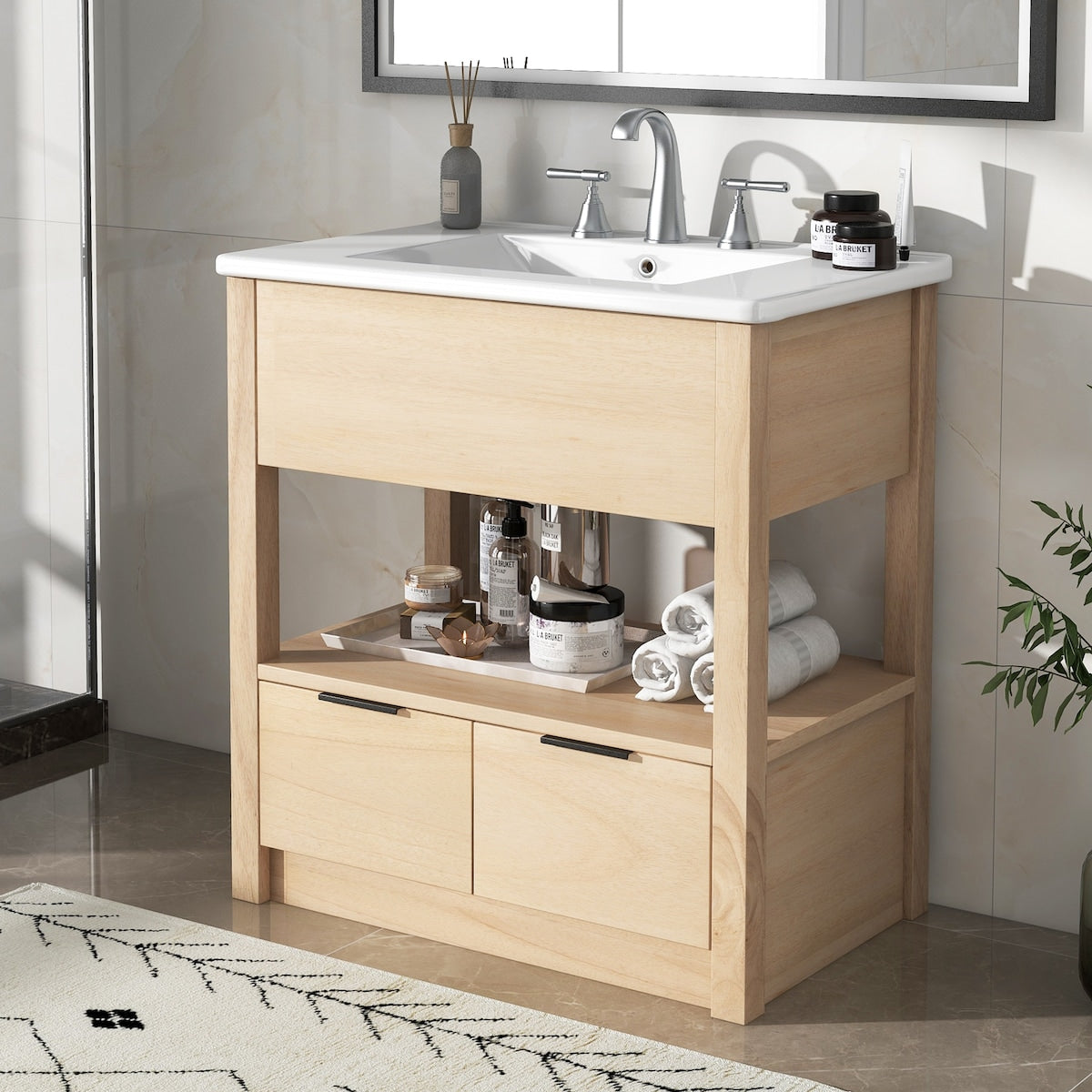 30" Bathroom Vanity with Sink Top, Bathroom Cabinet with Open Storage Shelf and 2 Drawers