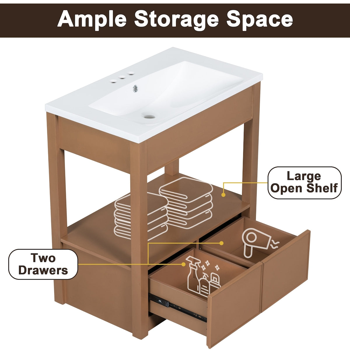 30" Bathroom Vanity with Sink Top, Bathroom Cabinet with Open Storage Shelf and 2 Drawers