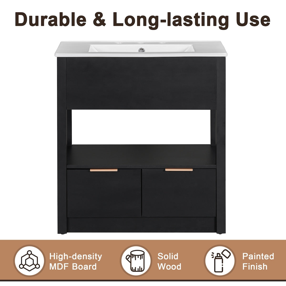 30" Bathroom Vanity with Sink Top, Bathroom Cabinet with Open Storage Shelf and 2 Drawers