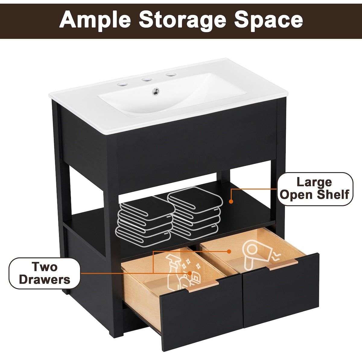 30" Bathroom Vanity with Sink Top, Bathroom Cabinet with Open Storage Shelf and 2 Drawers