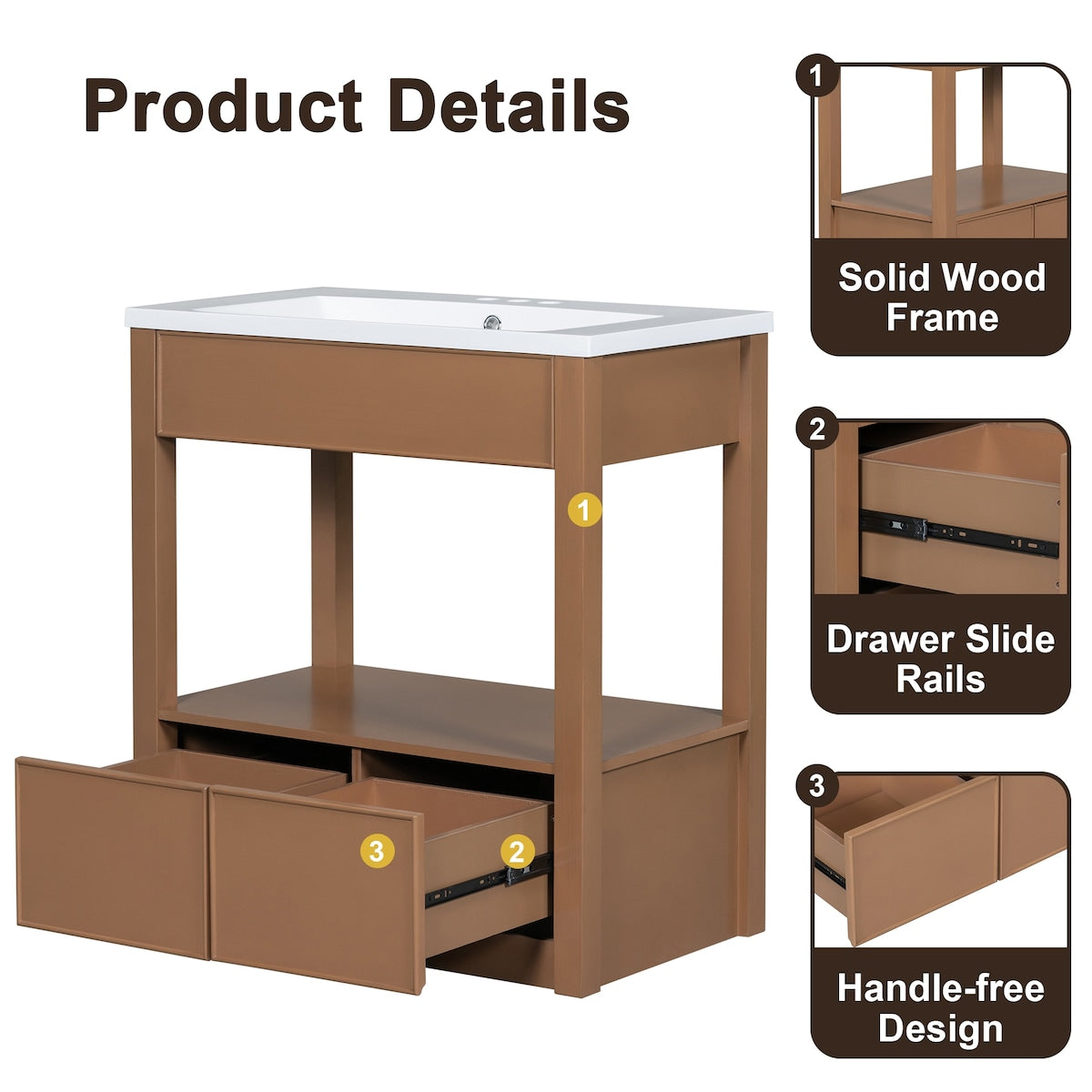 30" Bathroom Vanity with Sink Top, Bathroom Cabinet with Open Storage Shelf and 2 Drawers