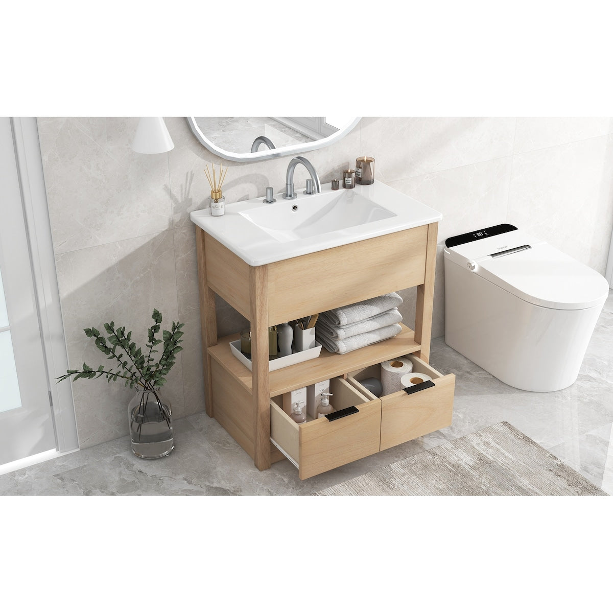 30" Bathroom Vanity with Sink Top, Bathroom Cabinet with Open Storage Shelf and 2 Drawers