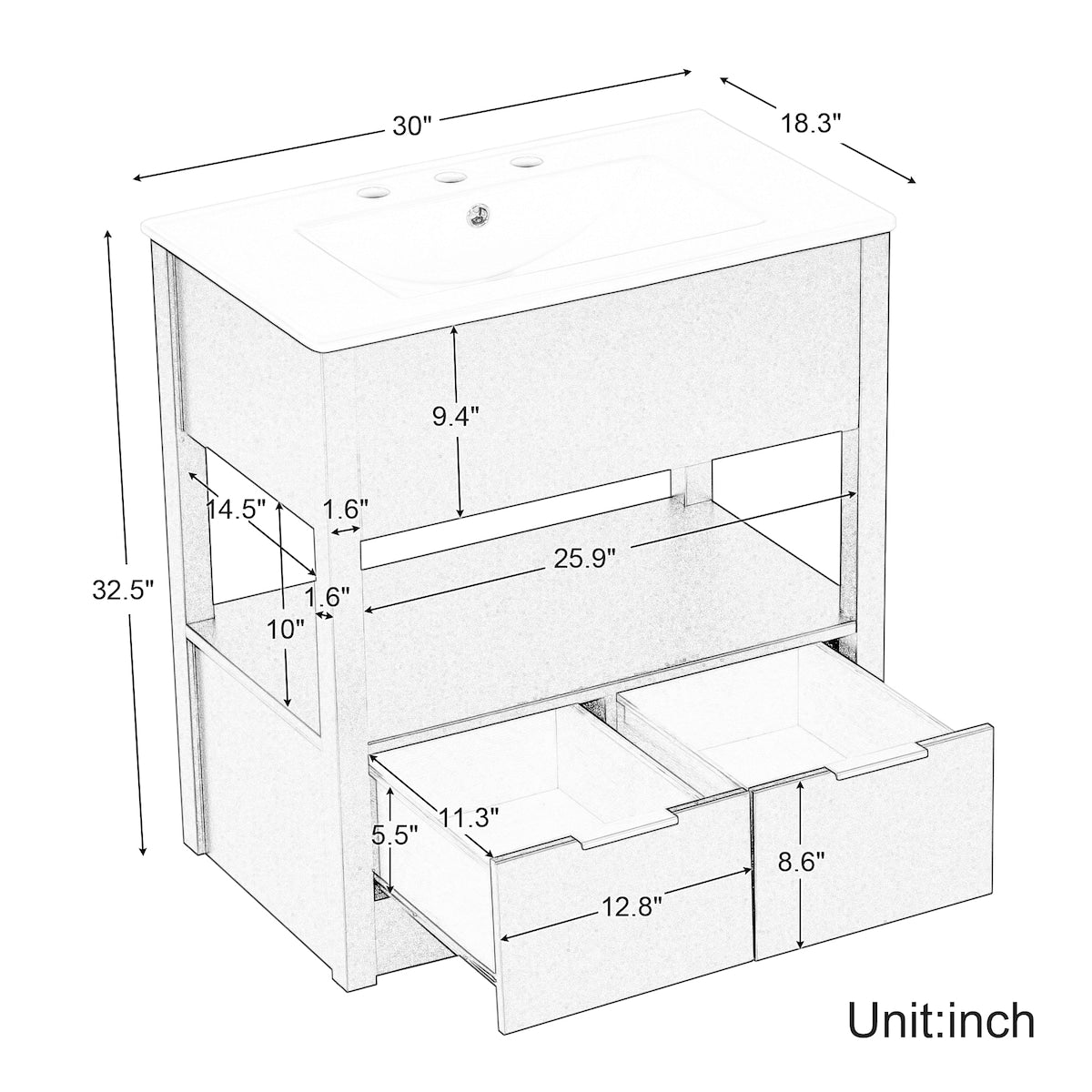 30" Bathroom Vanity with Sink Top, Bathroom Cabinet with Open Storage Shelf and 2 Drawers