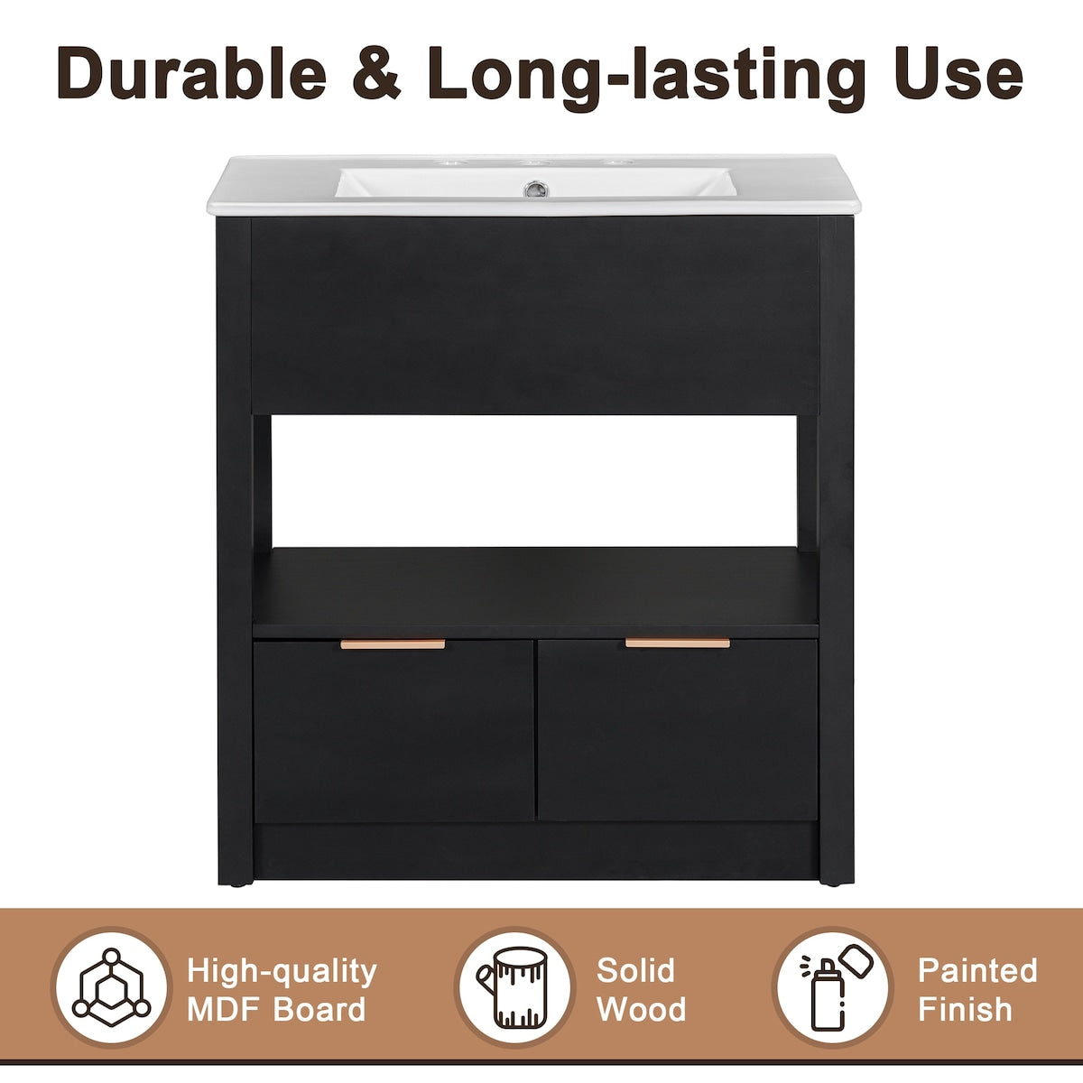 30" Bathroom Vanity with Sink Top, Bathroom Cabinet with Open Storage Shelf and 2 Drawers